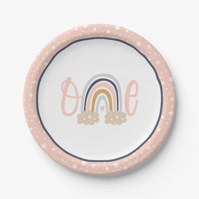 Modern Rainbow First Birthday Plate - Girl Pappteller (Vorderseite)