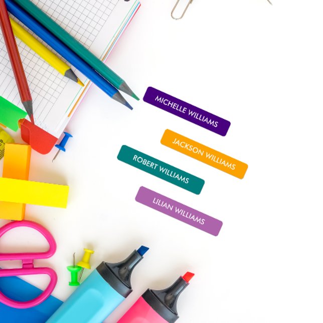 MODERN RAINBOW INDIGO ORANGE MAUVE TEAL KIDS NAME ETIKETTEN (Vibrant LABELS for Curious Minds. Explore our School Supply Essentials)