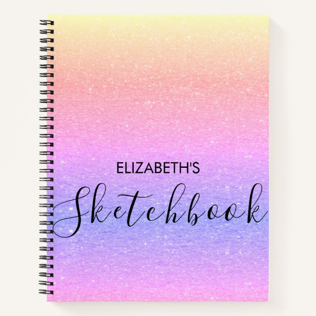 Modern Rainbow Ombre Glitzer Name Sketchbook Notizbuch (Vorderseite)