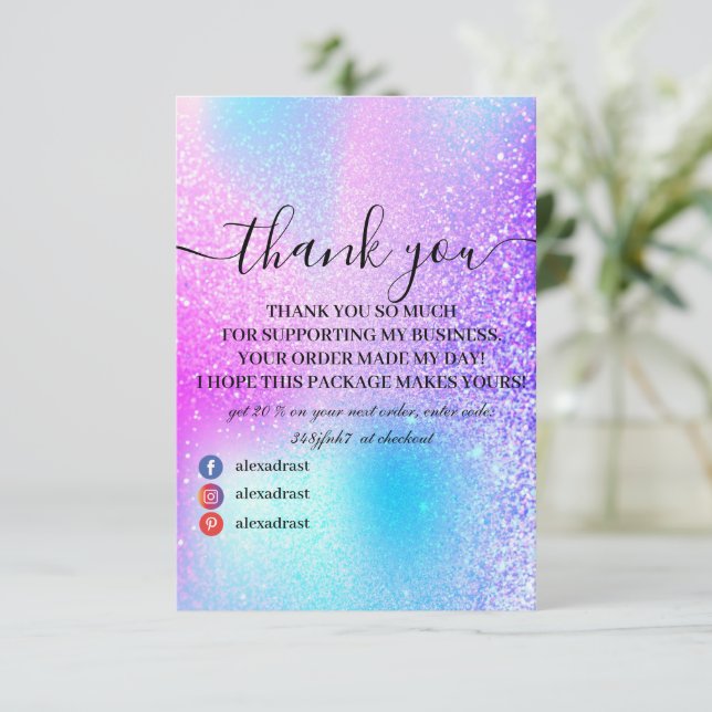 Modern Rainbow Pink Holographic Danke-Card Dankeskarte (Stehend Vorderseite)