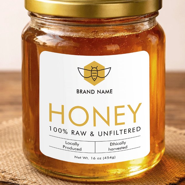 Modern Raw Honey Bee Icon Jar Product Label Quadratischer Aufkleber (Von Creator hochgeladen)