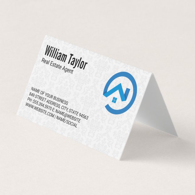 Modern Real Anwesen Blue Logo | Damask Muster Visitenkarten (Vorderseite)