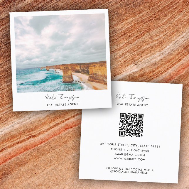 Modern Real Estate Agent Beach Ocean Photo Script Quadratische Visitenkarte (Modern Real Estate Agent Beach Ocean Photo Script Square Business Card)