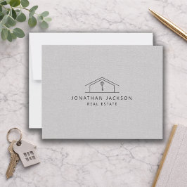Modern Realtor Home Logo Gray Faux Linen Mitteilungskarte
