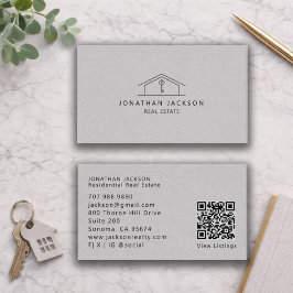 Modern Realtor Home Logo Gray Faux Linen Visitenkarte