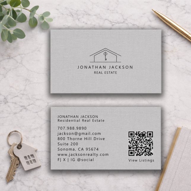 Modern Realtor Home Logo Gray Faux Linen Visitenkarte (Von Creator hochgeladen)