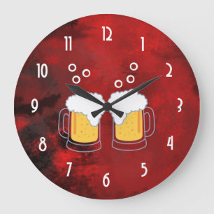 Modern Red Abstract with Beer Mugs Große Wanduhr