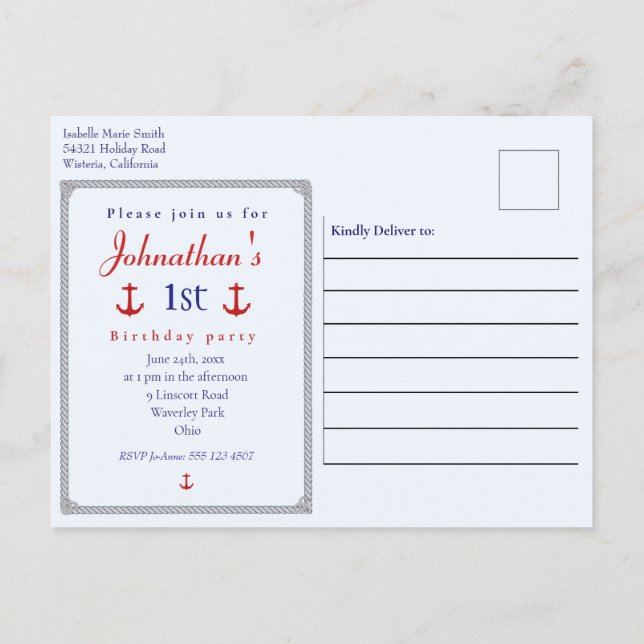 Modern Red Anchor Blue Boats Nautical Birthday Postkarte (Rückseite)