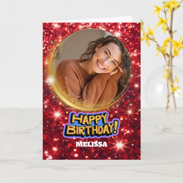 Modern Red and Gold Glitter Photo & Name Birthday Karte (Gelbe Blume)