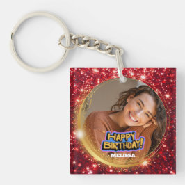 Modern Red and Gold Glitter Photo Name Birthday Schlüsselanhänger