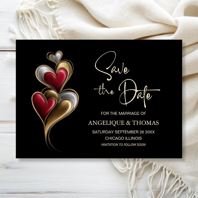 Modern Red and Gold Hearts Wedding Save the Date (Von Creator hochgeladen)
