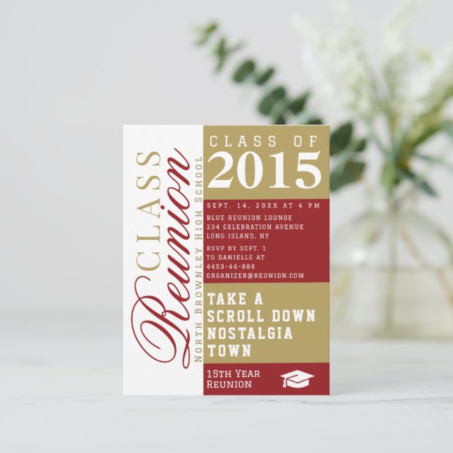 Modern red and tan School Class Reunion Postcard Postkarte (Stehend Vorderseite)