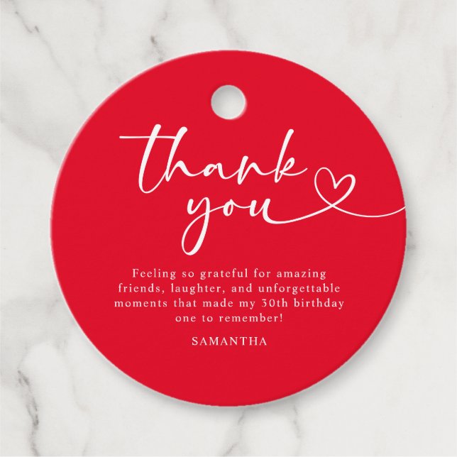 Modern Red and White 30th Birthday Thank You Geschenkanhänger (Vorderseite)