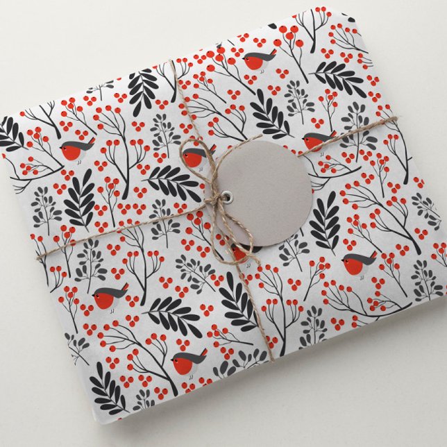 Modern Red Berry Christmas Bird Red Gray Geschenkpapier (Von Creator hochgeladen)