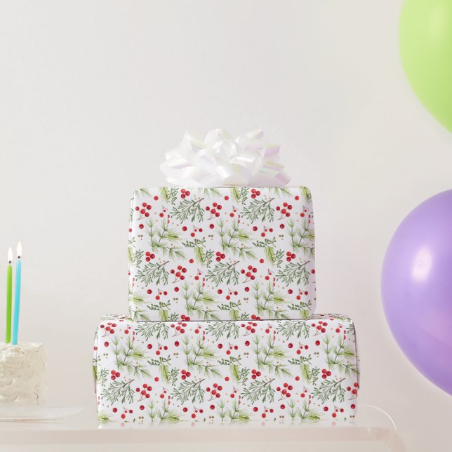 Modern Red Berry Christmas Bird Red Gray Geschenkpapier (Partygeschenke)