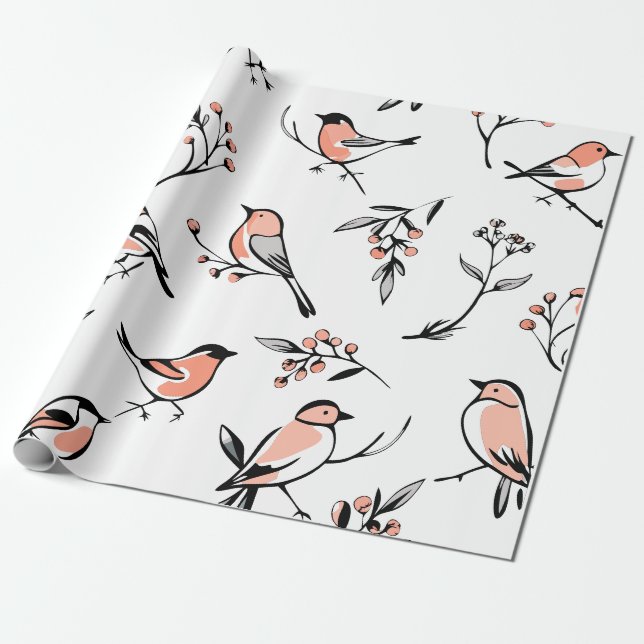 Modern Red Berry Holidays Bird Wrapping Paper Geschenkpapier (Ungerollt)
