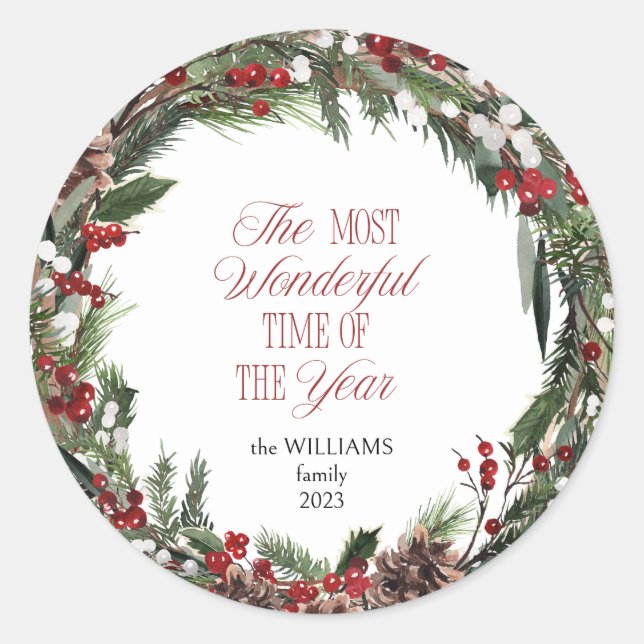Modern Red Berry Wreath Christmas Typografie Runder Aufkleber (Vorderseite)