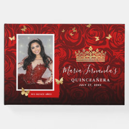 Modern Red Black Gold Elegantes Foto Quinceanera Gästebuch