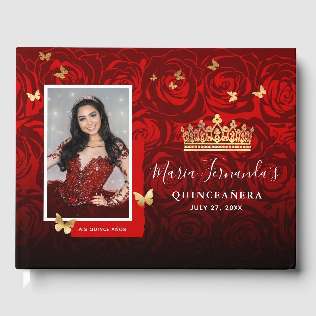 Modern Red Black Gold Elegantes Foto Quinceanera Gästebuch (Vorderseite)