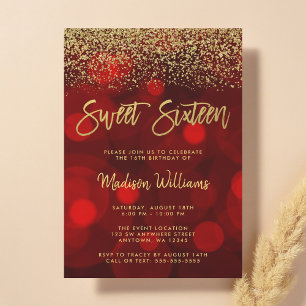 Modern Red Bokeh Gold Glitzer Sweet 16 Einladung