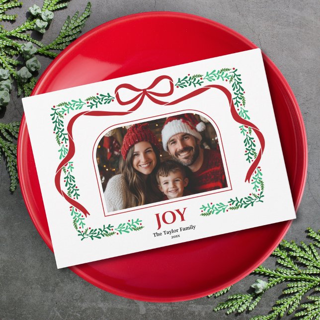 Modern Red Bow Jow Weihnachtsband Foto Rahmen Einladung (christmas red bow and greenery arch photo frame)