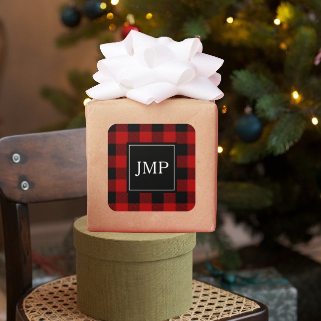 Modern Red Buffalo Kariert Personal Initial Quadratischer Aufkleber (Von Creator hochgeladen)