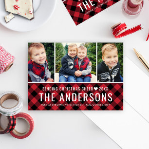 Modern Red Buffalo Plaid Family Photo Collage Feiertagskarte