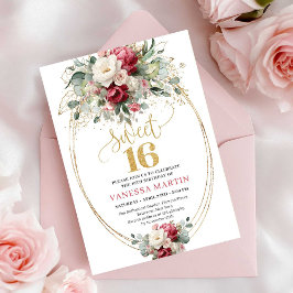 Modern Red Burgundy Gold Floral Sweet 16 Invite Einladung