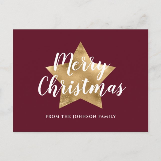 Modern Red Burgundy Gold Star Frohe Weihnachten Postkarte (Vorderseite)