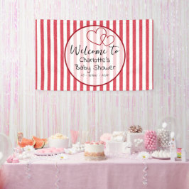 Modern Red Chalk Stripes Double Hearts Baby Shower Banner