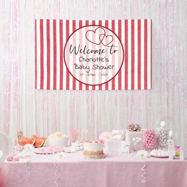 Modern Red Chalk Stripes Double Hearts Baby Shower Banner (Party)