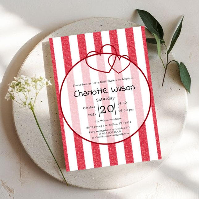 Modern Red Chalk Stripes Double Hearts Baby Shower Einladung (Von Creator hochgeladen)
