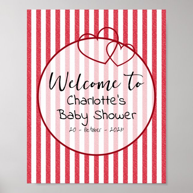 Modern Red Chalk Stripes Double Hearts Baby Shower Poster (Vorne)