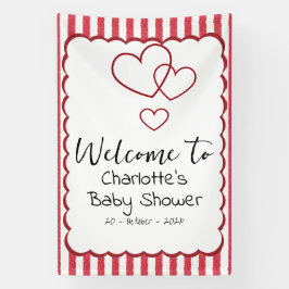 Modern Red Chalk Stripes Triple Hearts Baby Shower Banner