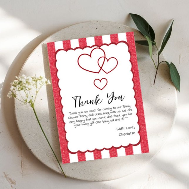 Modern Red Chalk Stripes Triple Hearts Baby Shower Dankeskarte (Von Creator hochgeladen)
