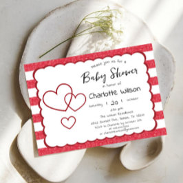 Modern Red Chalk Stripes Triple Hearts Baby Shower Einladung