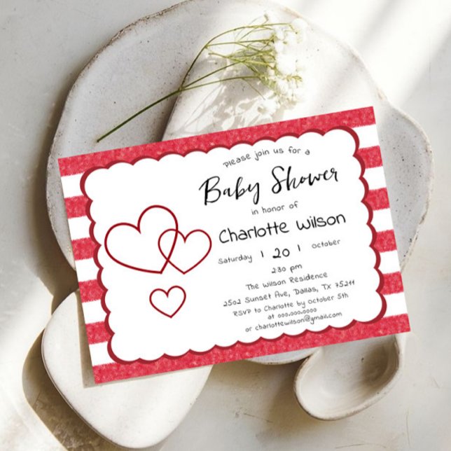 Modern Red Chalk Stripes Triple Hearts Baby Shower Einladung (Von Creator hochgeladen)