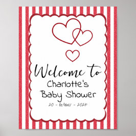 Modern Red Chalk Stripes Triple Hearts Baby Shower Poster