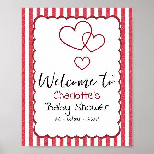 Modern Red Chalk Stripes Triple Hearts Baby Shower Poster (Vorne)