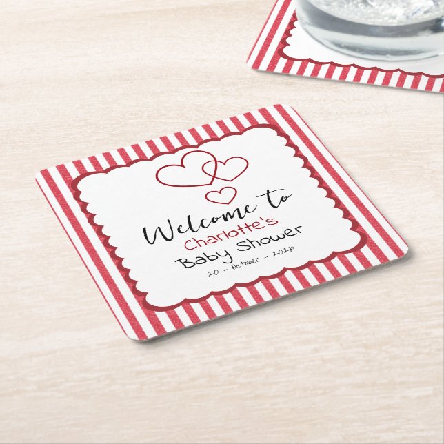 Modern Red Chalk Stripes Triple Hearts Baby Shower Rechteckiger Pappuntersetzer (angewinkelt)