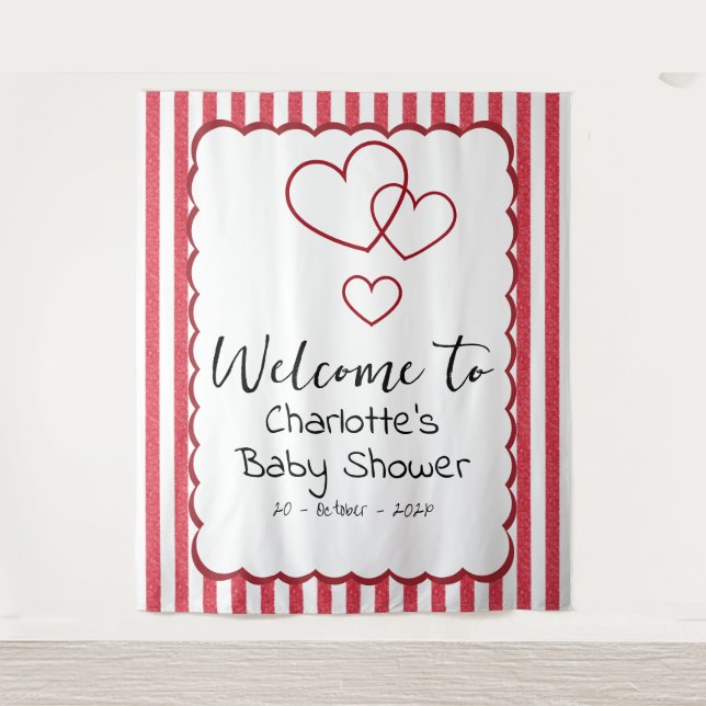 Modern Red Chalk Stripes Triple Hearts Baby Shower Wandteppich (Vorderseite)