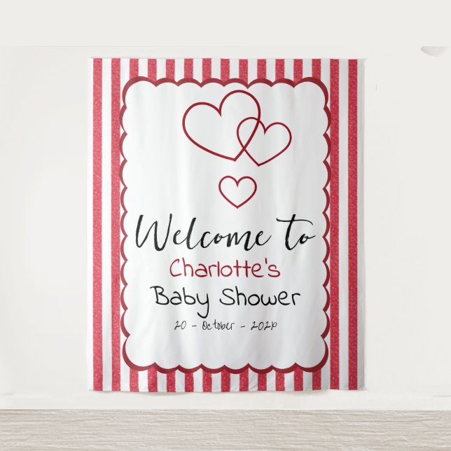 Modern Red Chalk Stripes Triple Hearts Baby Shower Wandteppich (Vorderseite)