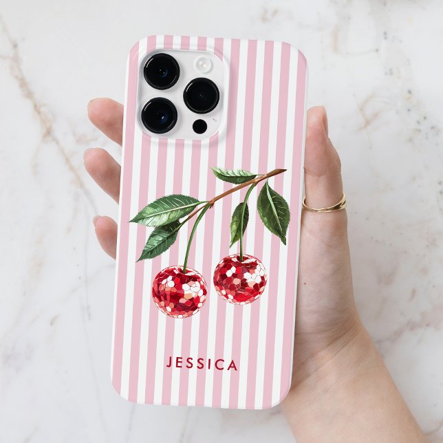 Modern Red Cherries Pink Stripes Personalisierter  Case-Mate iPhone Hülle (Modern Red Cherries Pink Stripes Personalized Name Case-Mate iPhone Case)