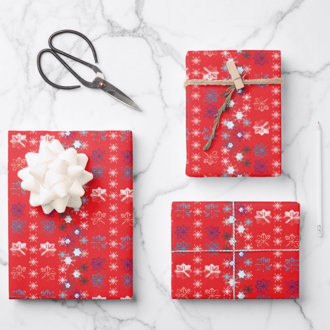 Modern Red Christmas Holiday Snowflake Muster Geschenkpapier Set (Vorderseite)