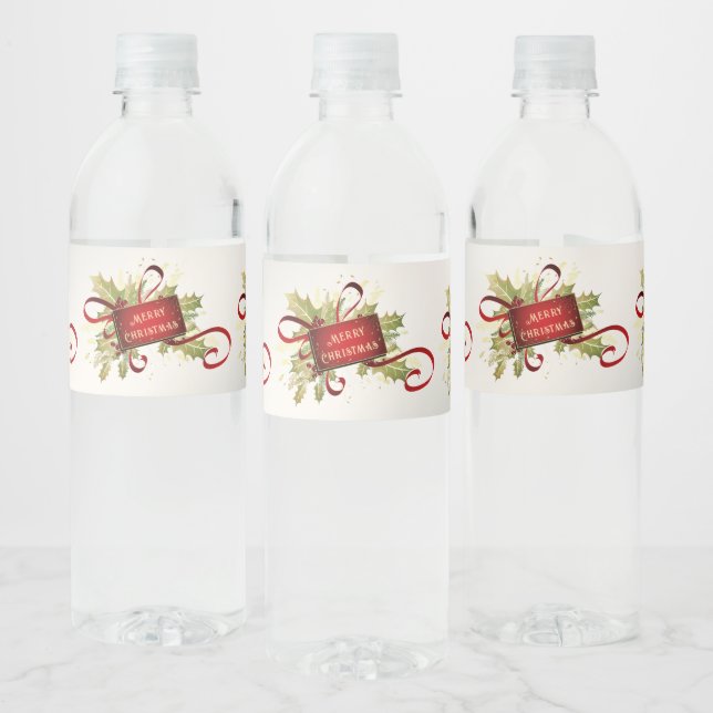 Modern Red Christmas Holiday Water Flasche Label Wasserflaschenetikett (Flaschen)