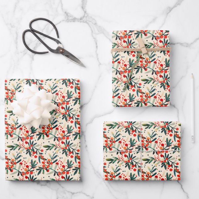 Modern Red Christmas Holly Berries Geschenkpapier Set (Vorderseite)