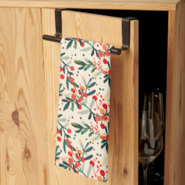 Modern Red Christmas Holly Berries Geschirrtuch