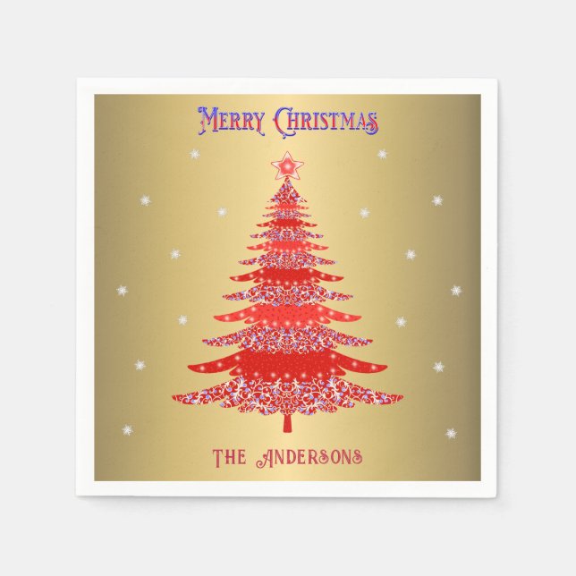 Modern Red Christmas Tree Snowflakes Name Gold Serviette (Vorderseite)