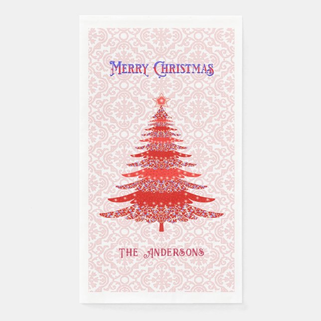 Modern Red Christmas Tree Snowflakes Personalisier Serviette (Vorderseite)
