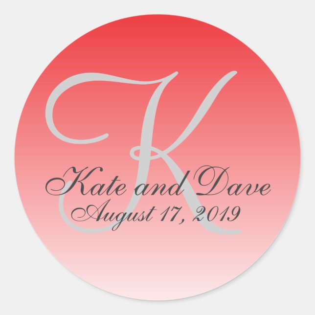 Modern Red Crimson Monogram Gastgeschenk Hochzeit Runder Aufkleber (Vorderseite)